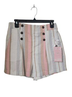 Simply Blessed Size L Pink, Tan & Gray Striped High-Waist Button Front Short